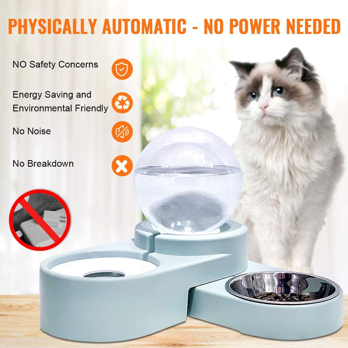 2 in 1 Cat Water Dispenser,Cat Food Bowl,Dog Feeder, Automatic Cat Water Feeder,Pet Food and Water Dispenser Set (Ocean Blue)