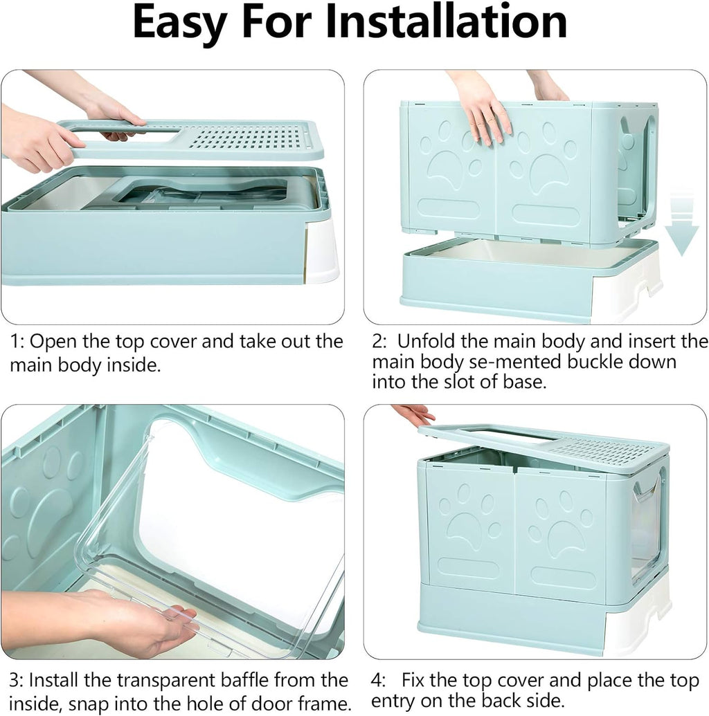 Large Top Entry Cat Litter Box with Lid, Foldable Cat Litter Box with Scoop, Extra Large Cat Litter Box Covered, Anti-Splashing Enclosed Cat Toilet Box (Blue)