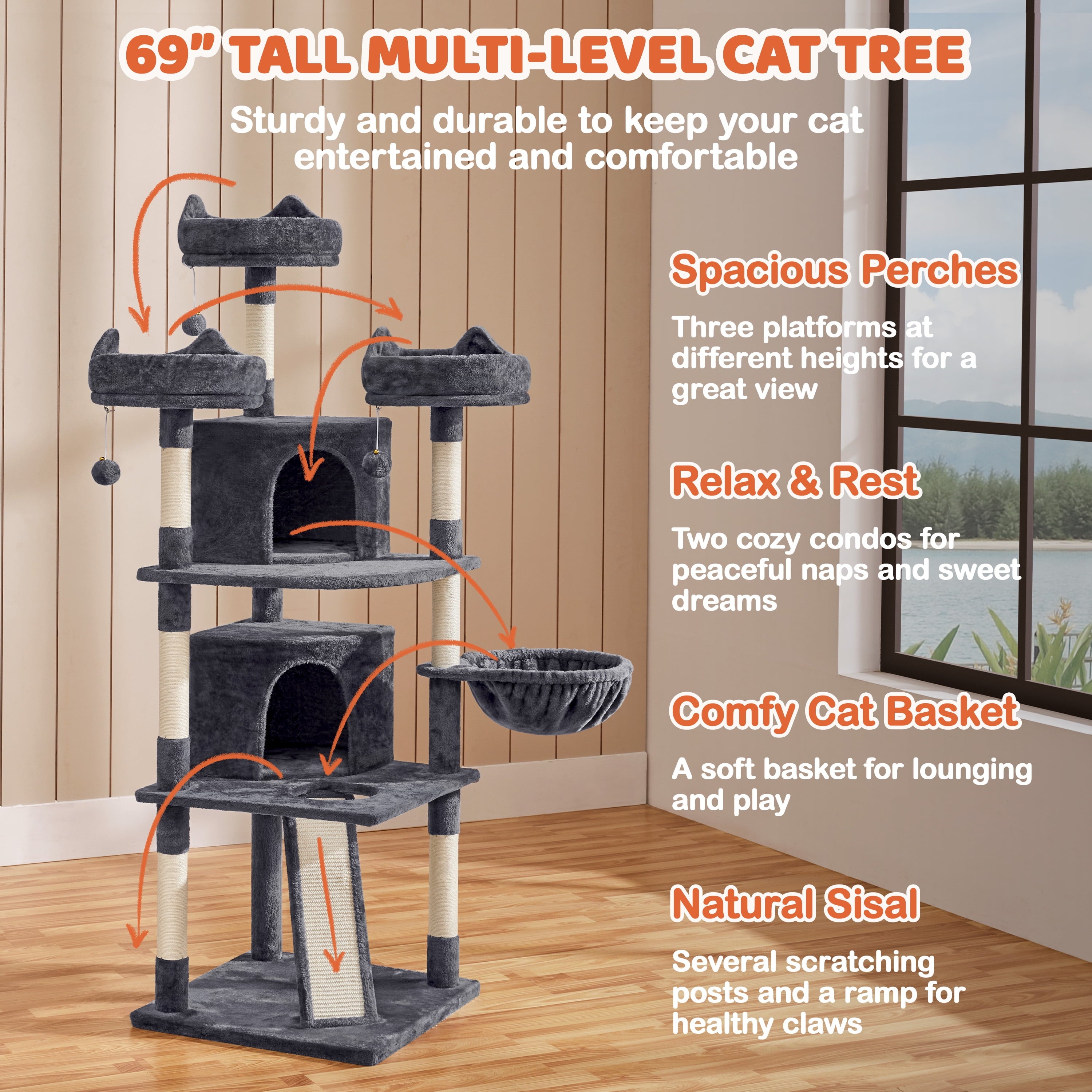 69In Large Cat Tree Tower with Condos & Scratching Board, Dark Gray