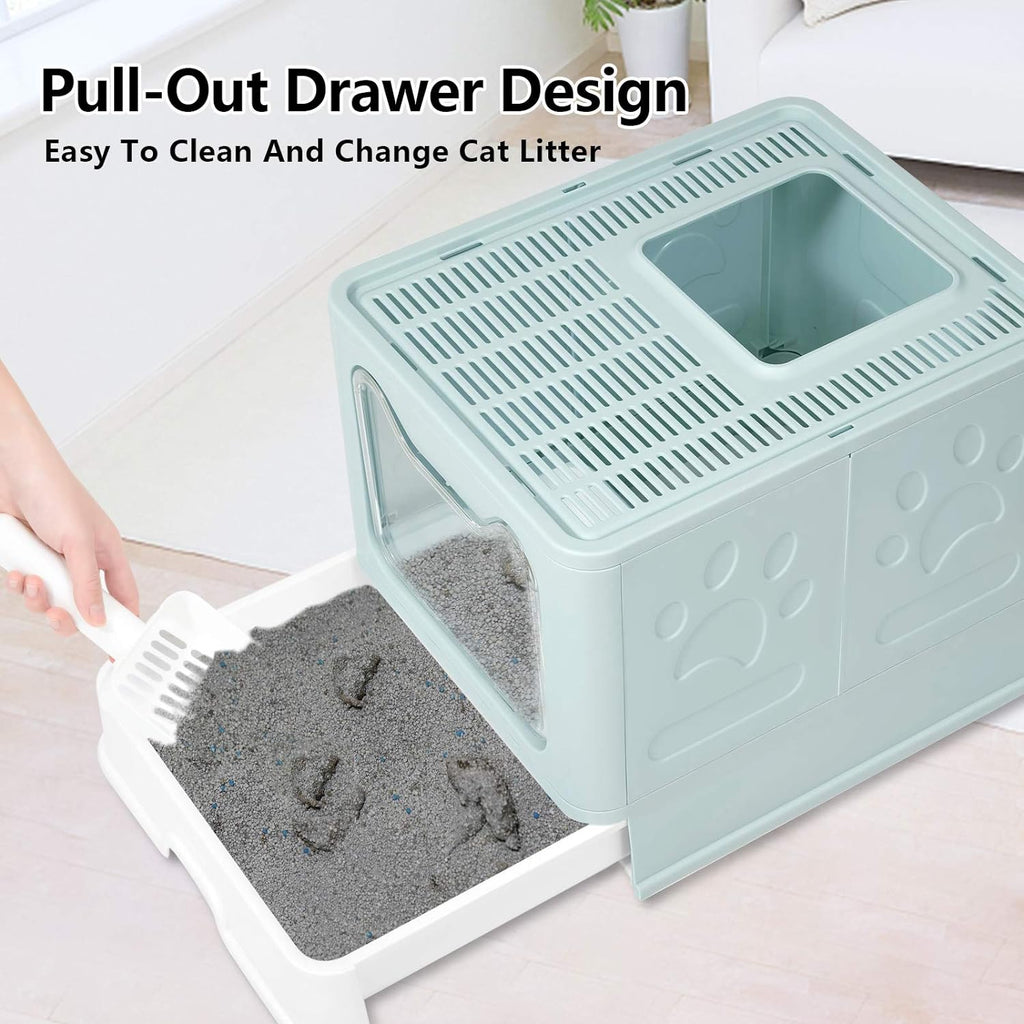 Large Top Entry Cat Litter Box with Lid, Foldable Cat Litter Box with Scoop, Extra Large Cat Litter Box Covered, Anti-Splashing Enclosed Cat Toilet Box (Blue)